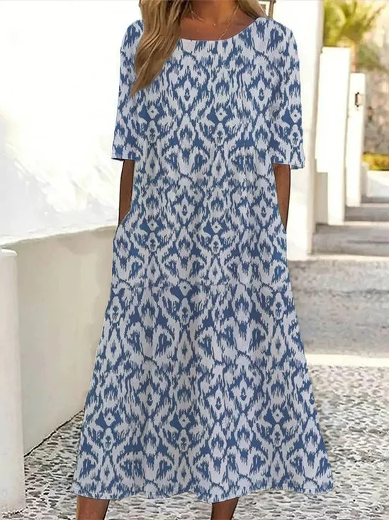 Damen Geblümt Kurzarm Sommer Print Kleid Rundhals Täglich Lässig Maxikleid Etuikleid H-Linie Kleid