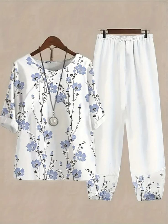 Damen Geblümt Print Zweiteiliges Set Täglich Halbarm Lässig Sommer Bluse mit Hose Matching Set