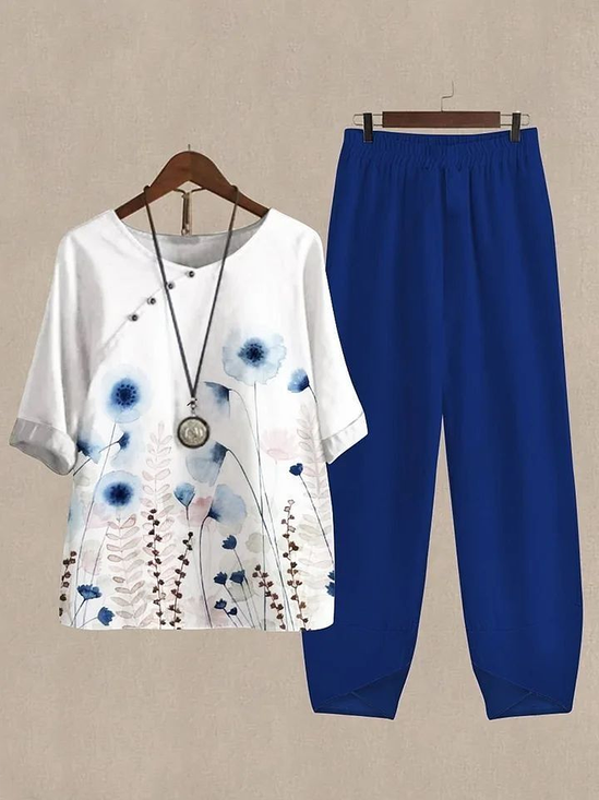 Damen Geblümt Print Zweiteiliges Set Täglich Halbarm Lässig Sommer Bluse mit Hose Matching Set