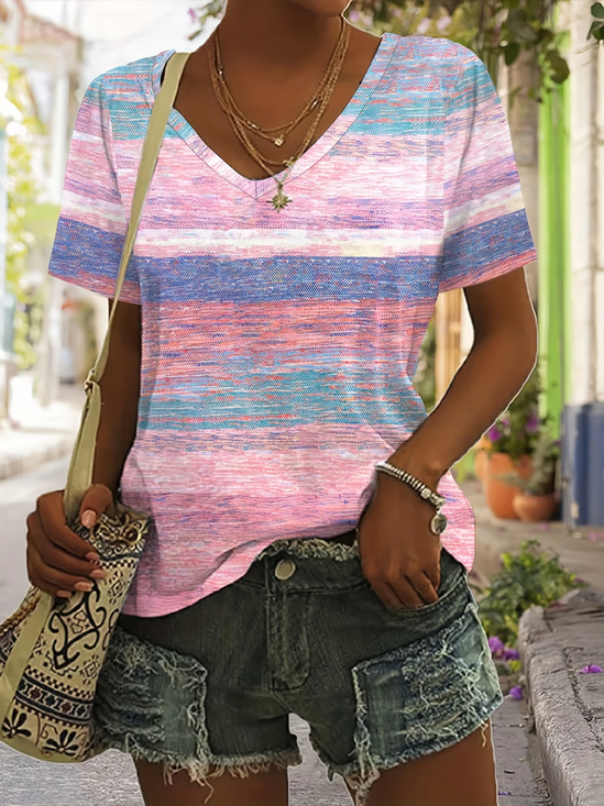 Damen Gestreift Kurzarm T-Shirts T-Shirt V-Ausschnitt Lässig Sommer Oberteile