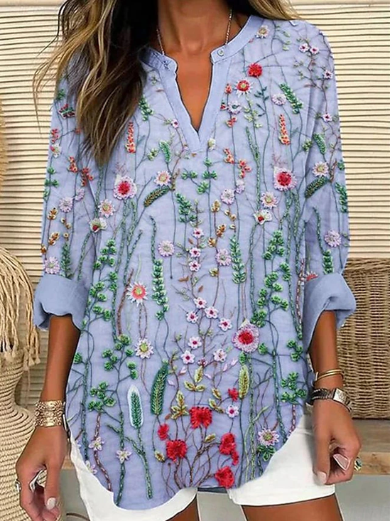 Damen Geblümt Langarm Bluse Frühling/Herbst Print V-Ausschnitt Täglich Lässig Oberteile