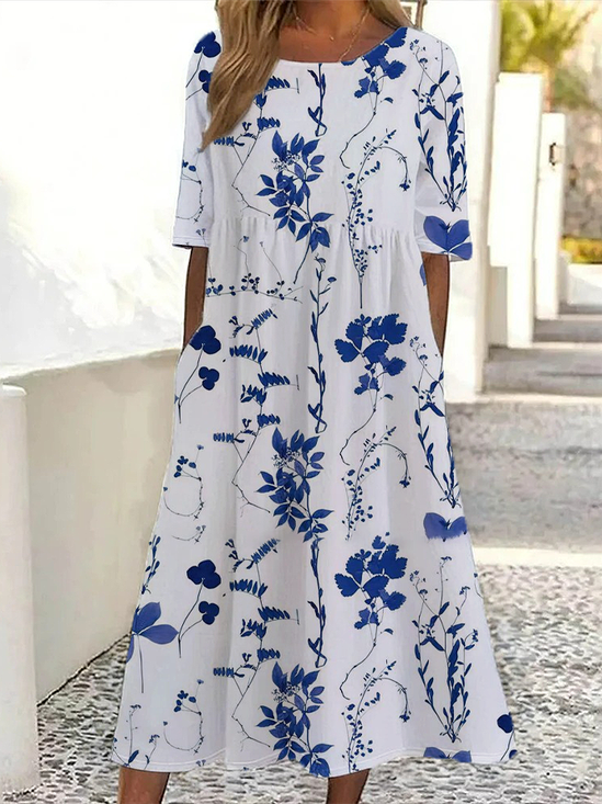 Damen Geblümt Kurzarm Sommer Print Kleid Rundhals Täglich Lässig Maxikleid Etuikleid H-Linie Kleid