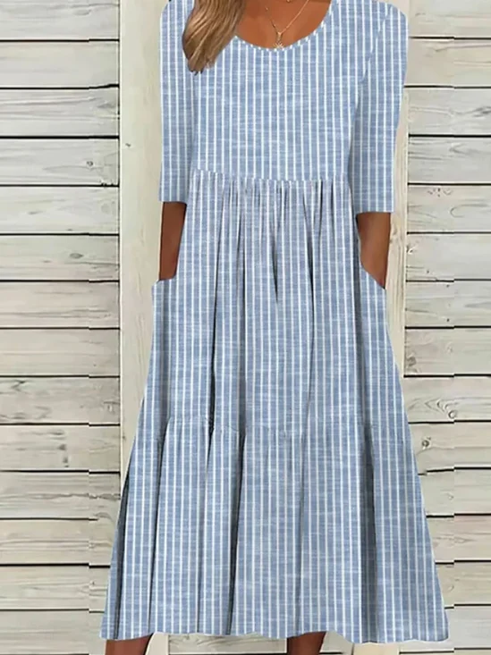Damen Gestreift Kurzarm Sommer Print Kleid Rundhals Täglich Lässig Maxikleid Etuikleid H-Linie Kleid