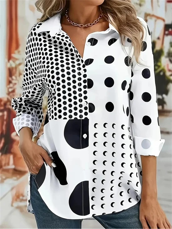Damen Polka Dots Langarm Bluse Frühling/Herbst Hemdkragen Täglich Lässig Oberteile