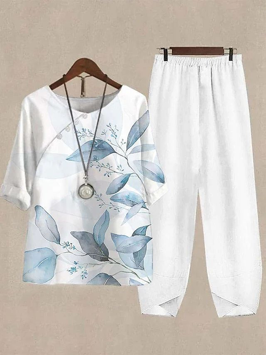 Damen Geblümt Print Zweiteiliges Set Täglich Halbarm Lässig Sommer Bluse mit Hose Matching Set
