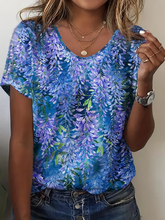 Damen Geblümt Kurzarm T-Shirts T-Shirt Rundhals Lässig Sommer Oberteile