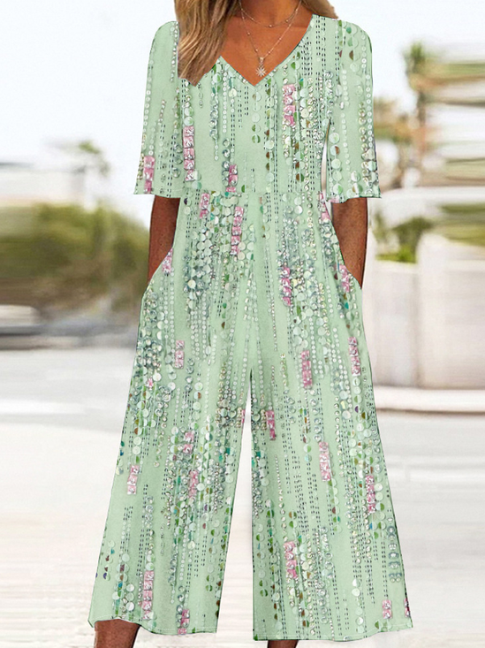 Damen Verlaufsmuster V-Ausschnitt Halbarm Retro Sommer Jumpsuit