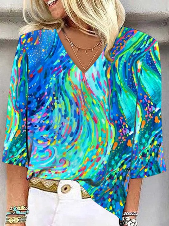 Damen Abstrakt Grafik Halbarm Bluse Sommer Schalkragen Täglich Lässig Oberteile