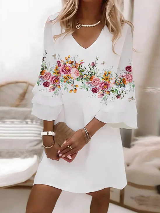 Damen Geblümt Halbarm Sommer Print Kleid V-Ausschnitt Täglich Lässig Midi Klassisch H-Linie Kleid