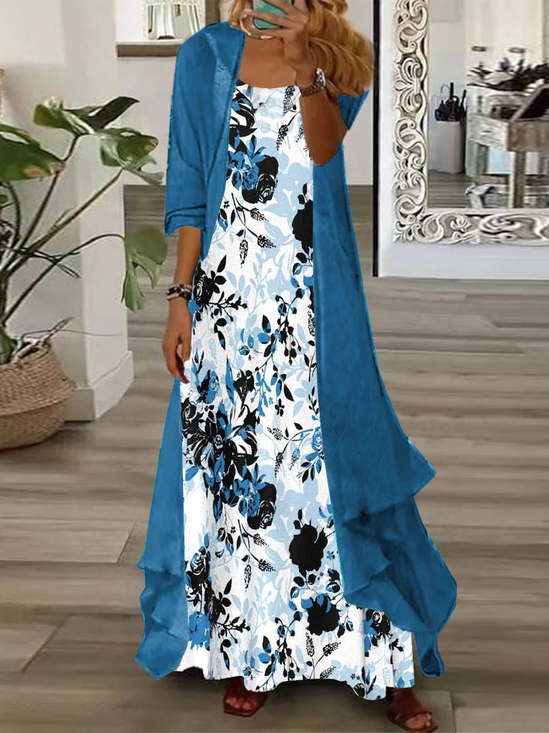Damen Geblümt Print Zweiteiliges Set Täglich Dreiviertelärmel Lässig Frühling/Herbst Kleid mit Mantel Matching Set