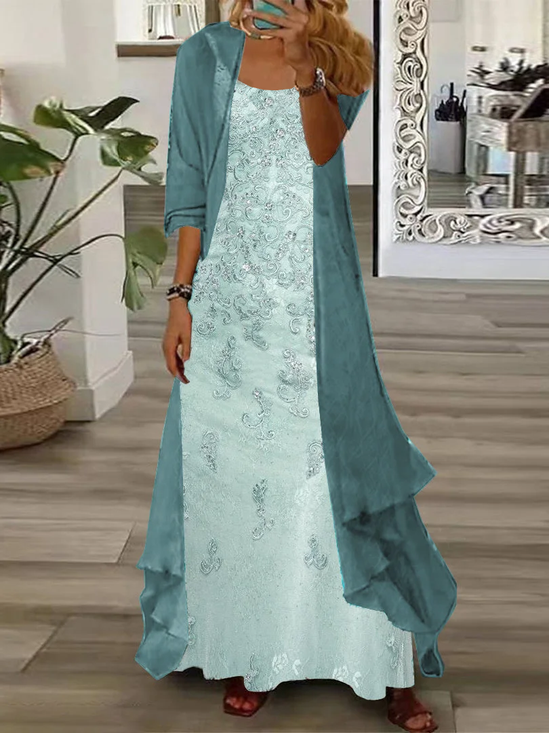 Damen Geblümt Print Zweiteiliges Set Täglich Dreiviertelärmel Lässig Frühling/Herbst Kleid mit Mantel Matching Set