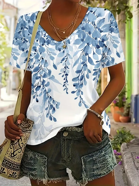 Damen Geblümt Kurzarm T-Shirts T-Shirt V-Ausschnitt Print Lässig Sommer T-Shirt mit Grafik Oberteile