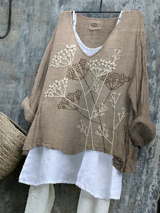 Damen Geblümt Langarm Bluse Frühling/Herbst Print V-Ausschnitt Täglich Lässig Oberteile
