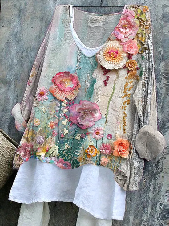 Damen Geblümt Langarm Bluse Frühling/Herbst Print V-Ausschnitt Täglich Lässig Oberteile