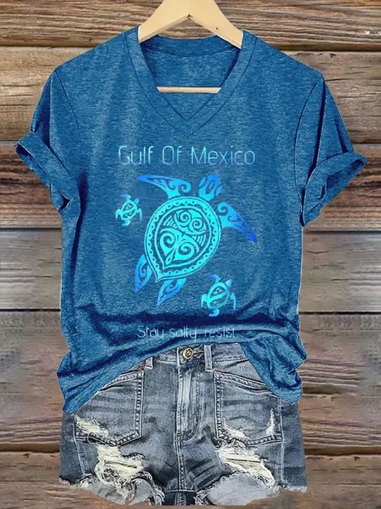 Damen Schildkröte Kurzarm T-Shirts T-Shirt V-Ausschnitt Lässig Sommer Oberteile