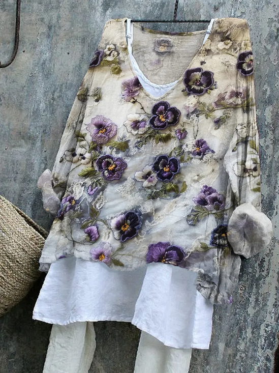 Damen Geblümt Langarm Bluse Frühling/Herbst Print V-Ausschnitt Täglich Lässig Oberteile