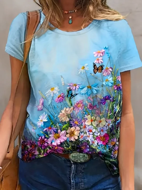 Damen Geblümt Kurzarm T-Shirts T-Shirt Rundhals Print Lässig Sommer T-Shirt mit Grafik Oberteile