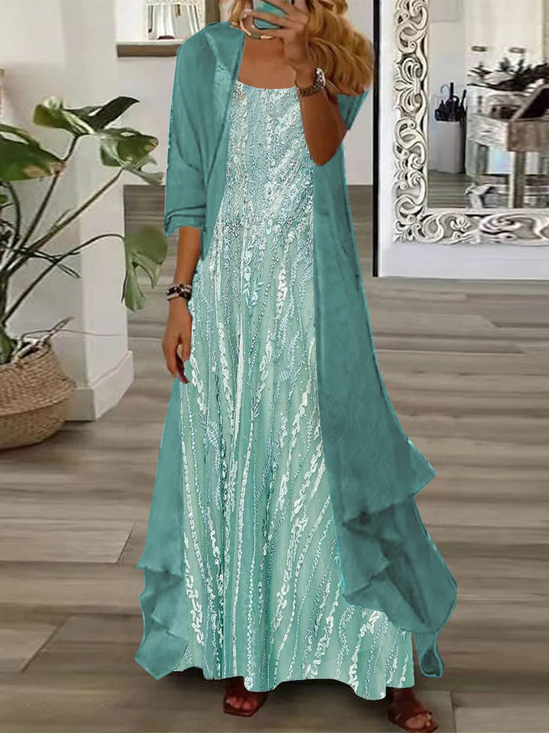 Damen Abstrakt Print Zweiteiliges Set Täglich Dreiviertelärmel Lässig Frühling/Herbst Kleid mit Mantel Matching Set