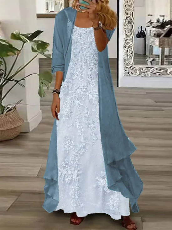 Damen Geblümt Print Zweiteiliges Set Täglich Dreiviertelärmel Lässig Frühling/Herbst Kleid mit Mantel Matching Set