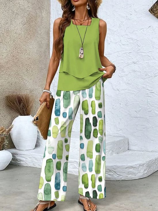 Damen Farbverlauf Zweiteiliges Set Täglich Ärmellos Lässig Sommer Bluse mit Hose Matching Set
