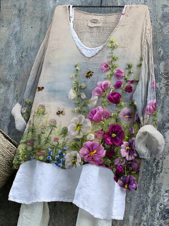 Damen Geblümt Langarm Bluse Frühling/Herbst Print V-Ausschnitt Täglich Lässig Oberteile
