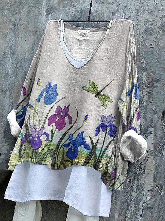 Damen Geblümt Langarm Bluse Frühling/Herbst Print V-Ausschnitt Täglich Lässig Oberteile