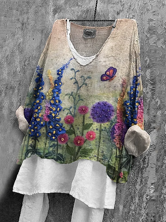 Damen Geblümt Langarm Bluse Frühling/Herbst Print V-Ausschnitt Täglich Lässig Oberteile