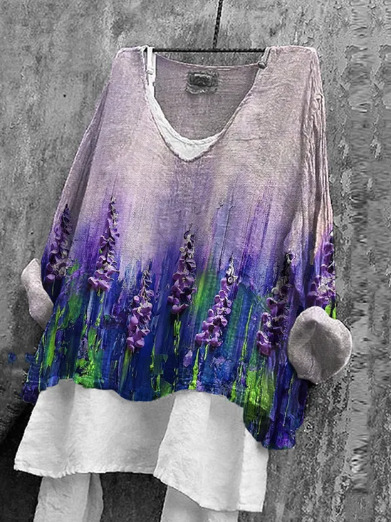 Damen Geblümt Langarm Bluse Frühling/Herbst Print V-Ausschnitt Täglich Lässig Oberteile