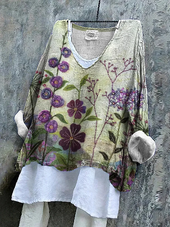 Damen Geblümt Langarm Bluse Frühling/Herbst Print V-Ausschnitt Täglich Lässig Oberteile