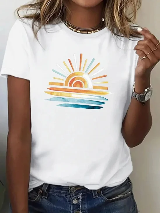 Damen Sonne Kurzarm T-Shirts T-Shirt Rundhals Lässig Sommer Oberteile