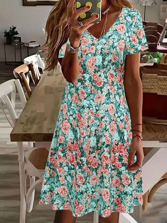 Damen Geblümt Kurzarm Sommer Print Kleid V-Ausschnitt Täglich Lässig Midi Passen & Flare Kleid A-Linien-Kleid