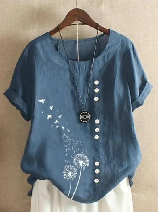 Damen Löwenzahn Halbarm Bluse Sommer Rundhals Täglich Lässig Oberteile