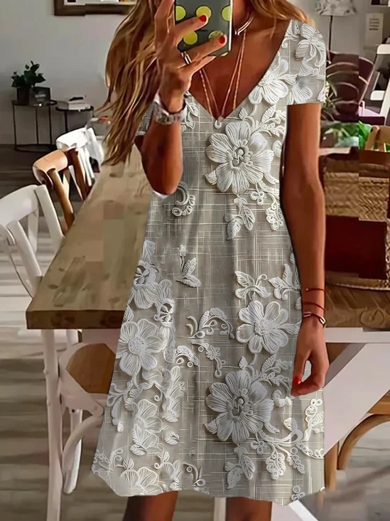 Damen Geblümt Kurzarm Sommer Print Kleid V-Ausschnitt Täglich Lässig Midi Passen & Flare Kleid A-Linien-Kleid