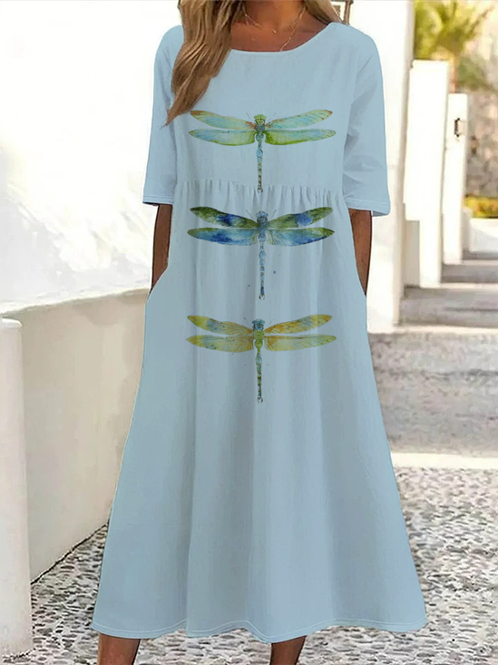 Damen Libelle Kurzarm Sommer Print Kleid Rundhals Täglich Lässig Maxikleid Etuikleid H-Linie Kleid