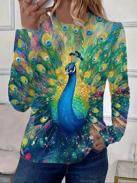 Damen Pfauenblau Langarm T-Shirts T-Shirt Rundhals Print Lässig Frühling/Herbst T-Shirt mit Grafik Oberteile