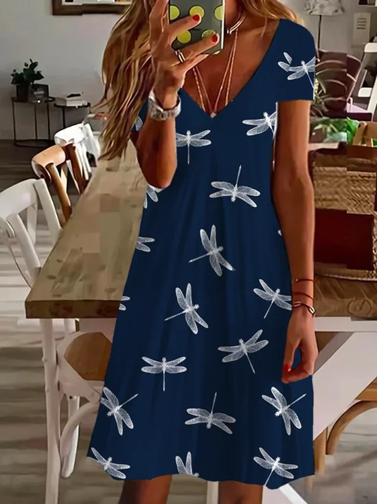 Damen Libelle Kurzarm Sommer Print Kleid V-Ausschnitt Täglich Lässig Midi Passen & Flare Kleid A-Linien-Kleid