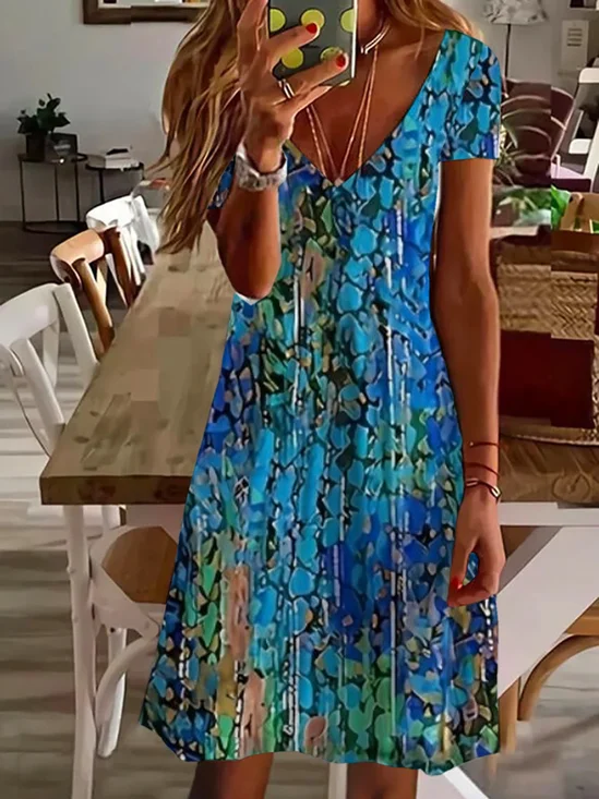 Damen Abstrakt Kurzarm Sommer Print Kleid V-Ausschnitt Täglich Lässig Midi Passen & Flare Kleid A-Linien-Kleid