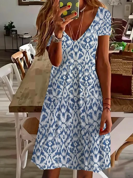 Damen Abstrakt Grafik Kurzarm Sommer Print Kleid V-Ausschnitt Täglich Lässig Midi Passen & Flare Kleid A-Linien-Kleid