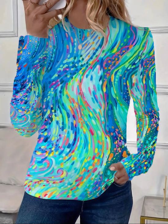 Damen Abstrakt Langarm T-Shirts T-Shirt Rundhals Print Lässig Frühling/Herbst T-Shirt mit Grafik Oberteile