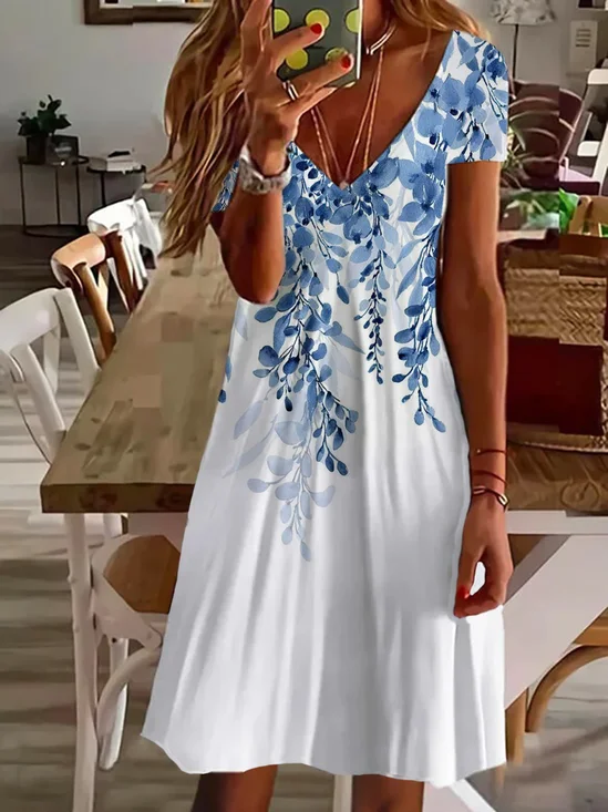Damen Geblümt Kurzarm Sommer Print Kleid V-Ausschnitt Täglich Lässig Midi Passen & Flare Kleid A-Linien-Kleid
