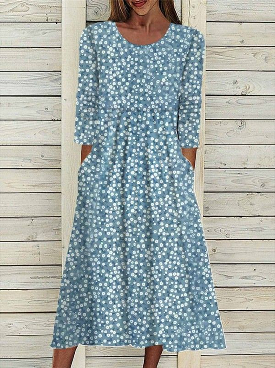 Damen Geblümt Halbarm Sommer Print Kleid Rundhals Täglich Lässig Maxikleid A-Linien-Kleid