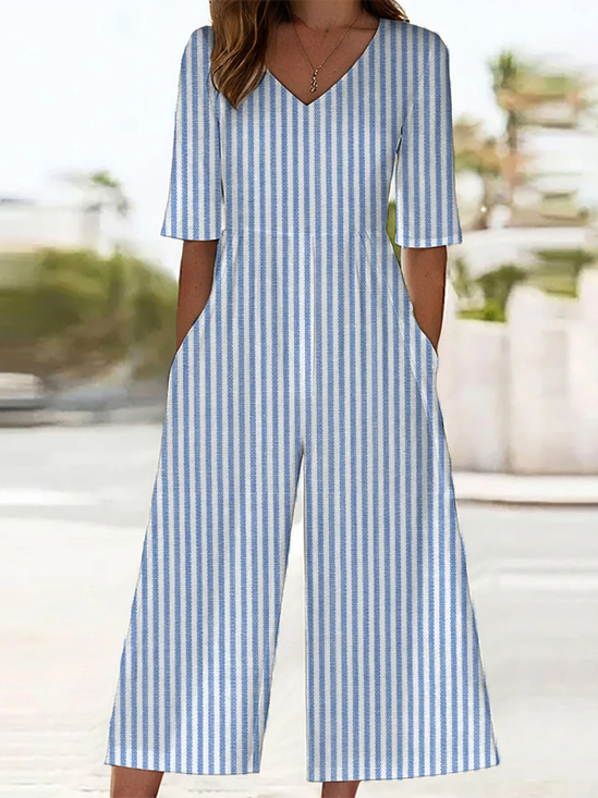Damen Gestreift V-Ausschnitt Halbarm Lässig Sommer Jumpsuit