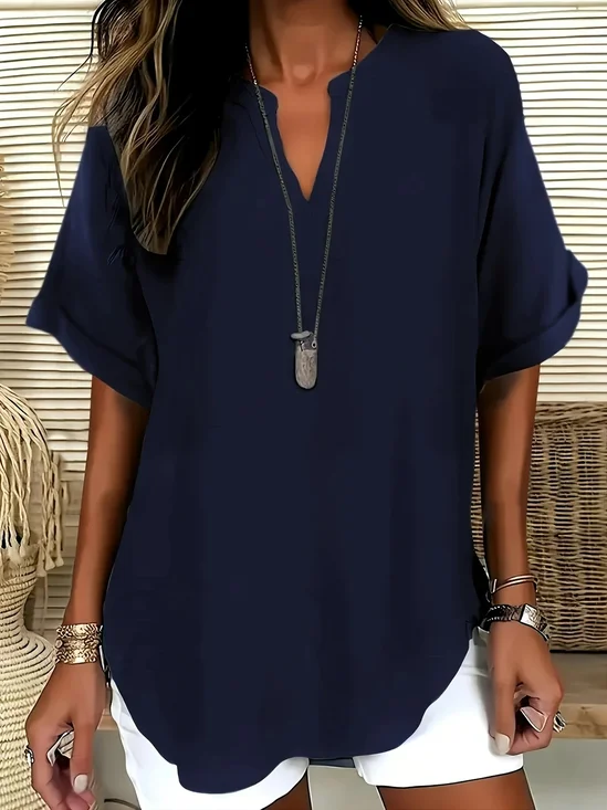 Damen Unifarben Halbarm Bluse Sommer Schalkragen Täglich Lässig Oberteile