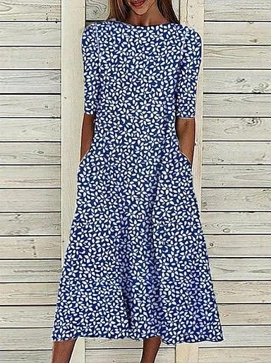 Damen Geblümt Halbarm Sommer Print Kleid Rundhals Täglich Lässig Maxikleid A-Linien-Kleid