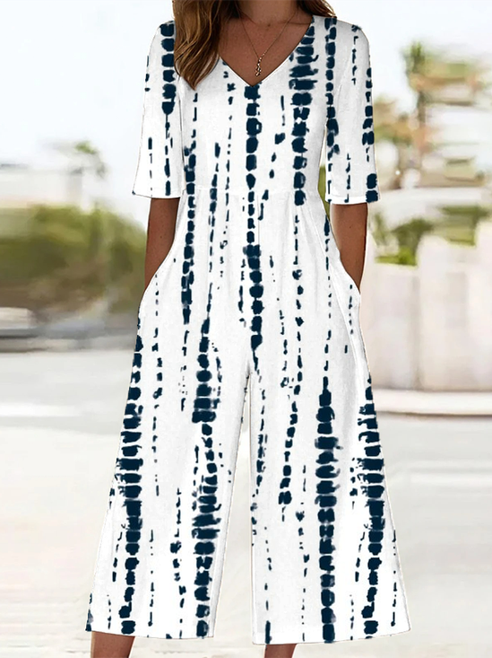 Damen Gestreift V-Ausschnitt Halbarm Lässig Sommer Jumpsuit