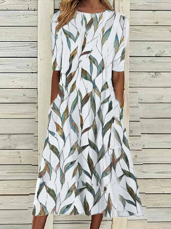 Damen Geblümt Halbarm Sommer Print Kleid Rundhals Täglich Lässig Maxikleid A-Linien-Kleid