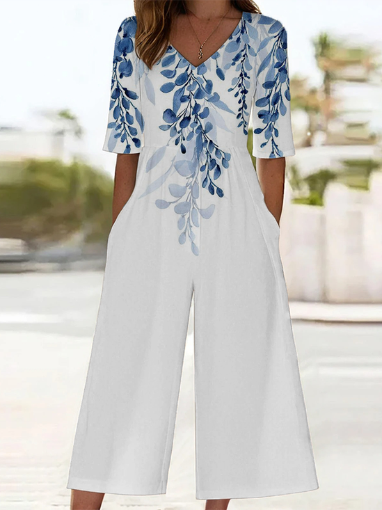 Damen Geblümt V-Ausschnitt Halbarm Lässig Sommer Jumpsuit