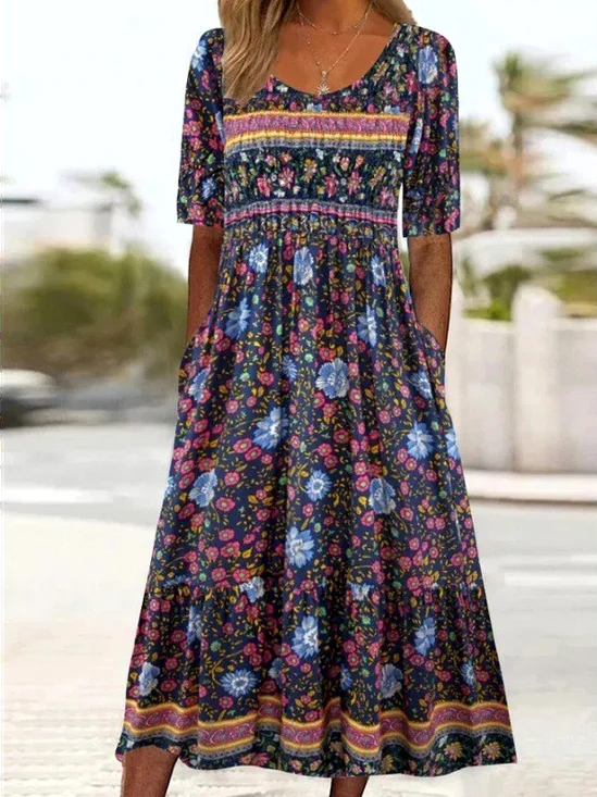 Damen Geblümt Kurzarm Sommer Kleid Rundhals Täglich Lässig Maxikleid A-Linien-Kleid
