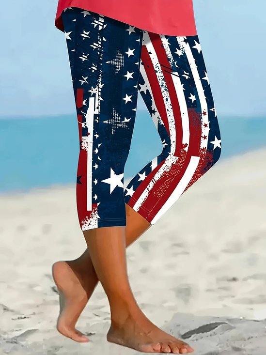 Damen Amerika-Flagge Elastische Taille Retro Sommer Caprihosen Leggings