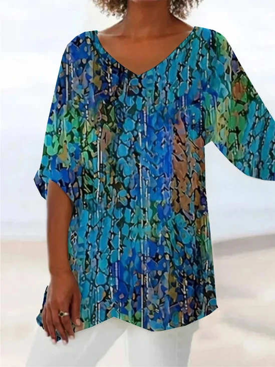 Damen Abstrakt Kurzarm Bluse Sommer Print V-Ausschnitt Täglich Lässig Oberteile
